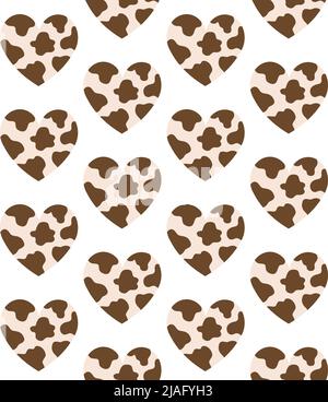 Vector seamless pattern of flat heart with brown cow spotted fur texture isolated on white background Stock Vector