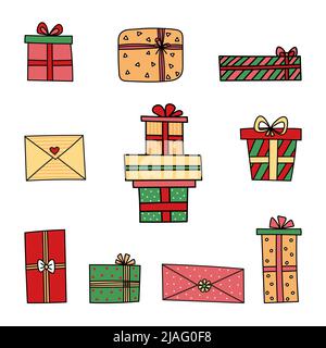 Vector set of different gift boxes. new year and Christmas gift boxes and envelopes. Stock Vector
