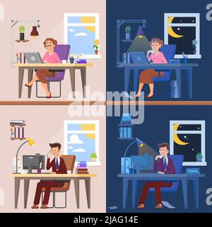 Work day and night. Tired and exhausted woman and man. Late working with computer, deadline time. Busy people, decent workers vector characters Stock Vector