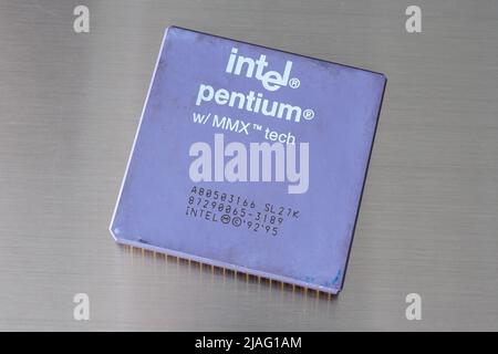 Ryazan, Russia 6-15-2021: Old Intel processor on a gray background Stock Photo