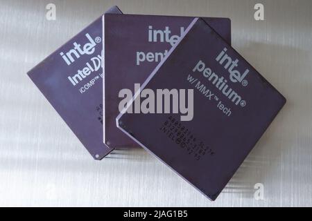 Ryazan, Russia 6-15-2021: Old Intel processors on a gray background Stock Photo
