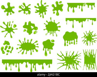 Green slime. Dripping slimes splash and mucus blob. Cartoon sticky splatter spot, glue jelly elements. Liquid decorative paint exact vector collection Stock Vector