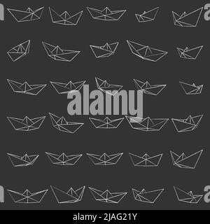 Set of vector illustrations of paper boat icons in chalk handdrawn style. Outline simple paper boat isolated on grey background. Icon symbol of travel Stock Vector