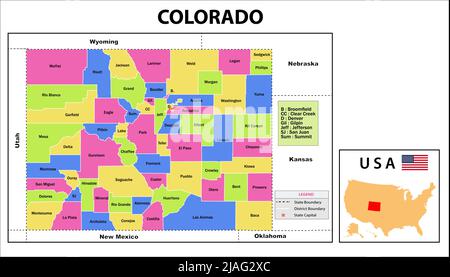 Colorado Map. State and district map of Colorado. Administrative and political map of Colorado with neighboring countries and borders. Stock Vector