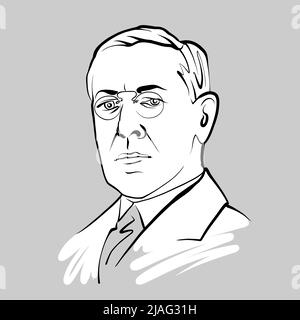 Woodrow Wilson modern vector drawing. Hand-drawn outline sketch by artist Knut Hebstreit. Drawing for use on any marketing project and for resale as p Stock Vector
