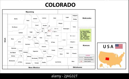 Colorado Map. State and district map of Colorado. Administrative and political map of Colorado with neighboring countries and border in white color. Stock Vector