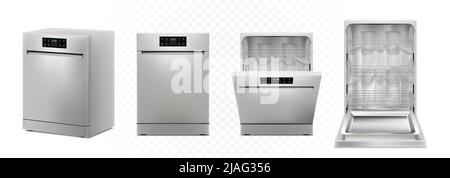 Dishwashing machine with open, closed door, isolated on white background. Smart home appliance concept. Front view. Digital display. Silver color. Rea Stock Vector