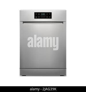 Dishwashing machine isolated on white background. Smart home appliance concept. Front view. Digital display. Silver color. Realistic 3d Vector illustr Stock Vector