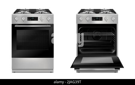 Modern gas stove, multi function stove with touch menu and timer in two views, with open and close door with light. Realistic 3d Vector illustration i Stock Vector