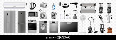 A set of household appliances: microwave oven, washing machine, refrigerator, vacuum cleaner, multicooker, food processor, blender, iron, juicer blend Stock Vector