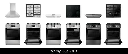 Set of gas and electric stoves, hoods and kitchen gas and electric surfaces. Realistic 3d hobs, Cooktop isolated vector illustration on white backgrou Stock Vector