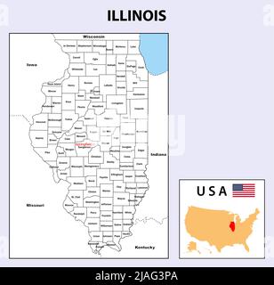 Illinois Map. Political map of Illinois with boundaries in white color. Stock Vector