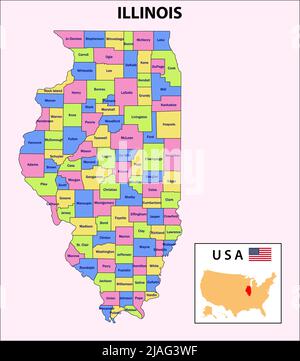Illinois Map. District map of Illinois. District map of Illinois in color with capital. Stock Vector