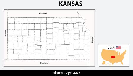 Kansas Map. Political map of Kansas with boundaries in Outline. Stock Vector