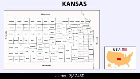 Kansas Map. Political map of Kansas with boundaries in white color. Stock Vector