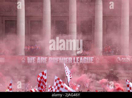 Nottingham, Nottinghamshire, UK. 30th May 2022. The Nottingham Forest soccer team celebrate their promotion to the Premier League on the balcony of the Council Building. Credit Darren Staples/Alamy Live News. Stock Photo