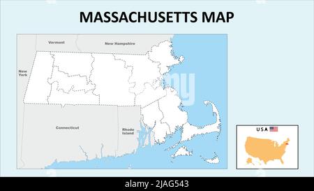 Massachusetts Map. Political map of Massachusetts with boundaries in Outline. Stock Vector