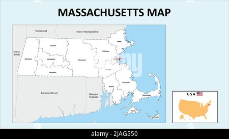 Massachusetts Map. Political map of Massachusetts with boundaries in white color. Stock Vector