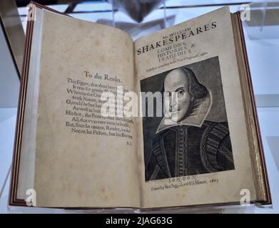 First Folio of the works of Shakespeare dating from 1623 in the collection of the New York Public Library, on display at the main branch on 5th Avenue Stock Photo