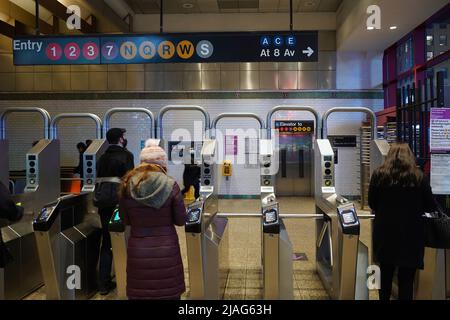 New York, NY - November 16, 2021:  Entrance to Times Square subway station, where numerous lines converge Stock Photo