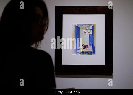 A woman looks at the painting August Macke during the exhibition 'Artist Letters in the Anne-Marie Springer Collection' at the Museo Nacional Thyssen-Bornemisza in Madrid. The Thyssen-Bornemisza National Museum presents, for the first time in Spain, a selection of letters and postcards written by painters such as Delacroix, Manet, Degas, Monet, Cézanne, Van Gogh, Gauguin, Matisse, Juan Gris, Frida Kahlo or Lucian Freud, belonging to the Anne-Marie Springer collection, in dialogue with works by these and other artists in the permanent collection. (Photo by Atilano Garcia/SOPA Images/Sipa USA) Stock Photo