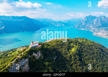 Iseo Lake (IT), Monte Isola, aerial view of the Church of the Madonna della Ceriola Stock Photo