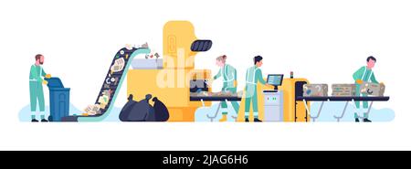 Garbage recycling conveyor. Workers of waste processing plant. Sorting and compress trash machine. Rubbish assembly line. People working in Stock Vector