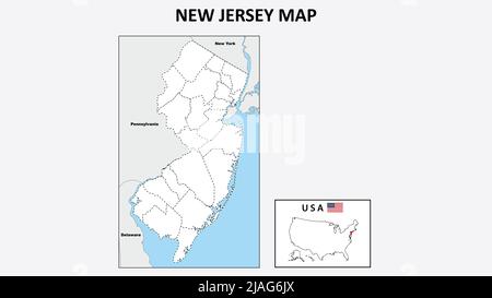 New Jersey Map. Political map of New Jersey with boundaries in Outline. Stock Vector