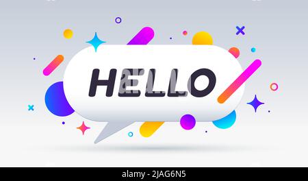 Hello, speech bubble. Banner, poster, speech bubble with text Hello. Geometric style with message hello for banner, poster. Explosion burst design, speech bubble. Vector Illustration Stock Vector