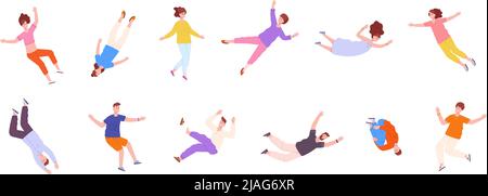 People in floating pose. Flying in dream characters, soaring gravity person fly float air man, imagination sky swimming hovering falling, flat vector illustration. Character happy pose imagination Stock Vector