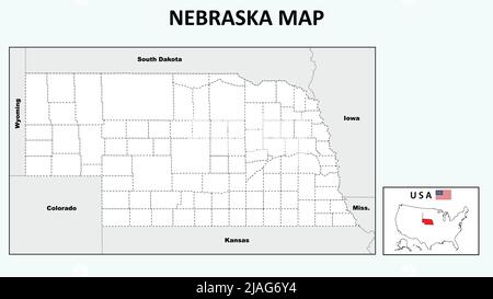 Nebraska Map. Political map of Nebraska with boundaries in Outline. Stock Vector