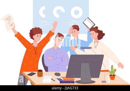 Disagreement coworker. Toxic work relationship office workplace, group workers arguing expressing complaint argument stressed meeting colleagues, vector illustration. Work conflict and disagreement Stock Vector