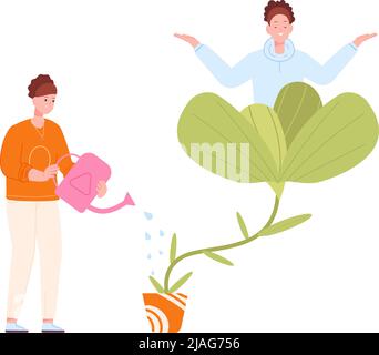 Self support growth. Help in implementation inner potential, water irrigation abstract blooming flowers of mind, future care, teaching education success grow, vector illustration of help self growth Stock Vector