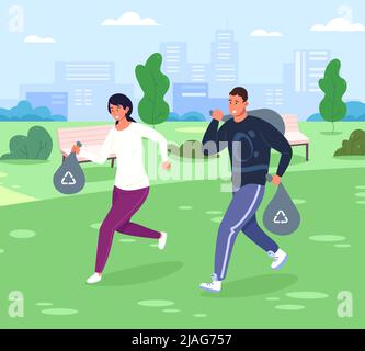 Plogging. Jogging challenge cleanup of forest environment, volunteer run with garbage bag, combination sport and eco cleaning nature, running friends marathon vector illustration Stock Vector