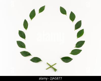 Green leaf wreath on white background. Top view Stock Photo