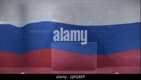 Image of caucasian male hacker over flag of russia Stock Photo