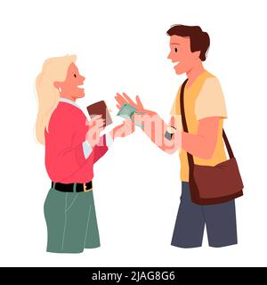 Woman giving money to man, young female character holding wallet and currency to give Stock Vector