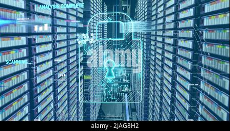 Image of padlock icon and data processing over server room Stock Photo ...