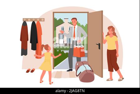 Happy family meeting man back home, daughter running to father standing with bags Stock Vector