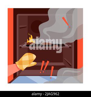 Hands in fireproof protection open oven door, fire and smoke inside, accident in kitchen Stock Vector