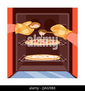 Hands of chef in fireproof gloves open oven door and put cheese on top of homemade pizza Stock Vector