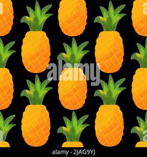Seamless pattern with pineapple illustration on black background Stock Vector