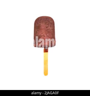 Chocolate ice cream on wooden stick. Tasty popsicle isolated on white background. Stock Photo