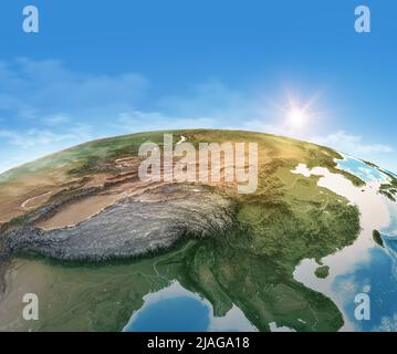 Physical map of Planet Earth, focused on China, East Asia. Satellite view, sun shining on the horizon. Elements furnished by NASA Stock Photo