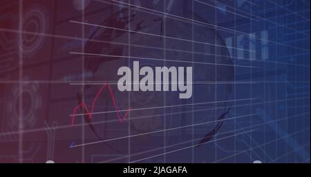 Image of financial data and graphs over globe rotating on navy background. global business, finance, economy, technology and digital interface concept Stock Photo