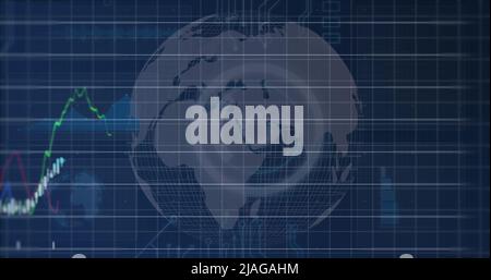 Image of financial data and graphs over globe rotating on navy background. global business, finance, economy, technology and digital interface concept Stock Photo
