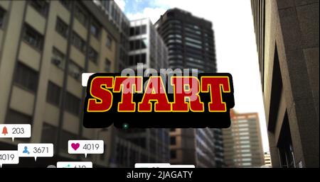 Image of start text and numbers growing over cityscape. global social media, connections and digital interface concept digitally generated image. Stock Photo