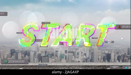 Image of start text and numbers growing over cityscape. global social media, connections and digital interface concept digitally generated image. Stock Photo