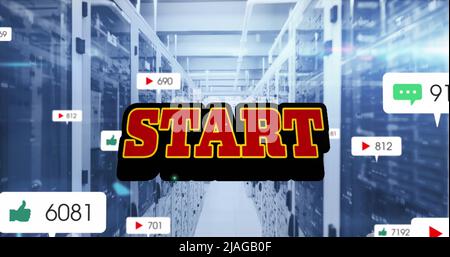 Image of start text and numbers growing over server room. global social media, connections and digital interface concept digitally generated image. Stock Photo