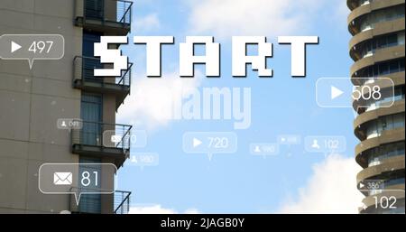 Image of start text and numbers growing over cityscape. global social media, connections and digital interface concept digitally generated image. Stock Photo